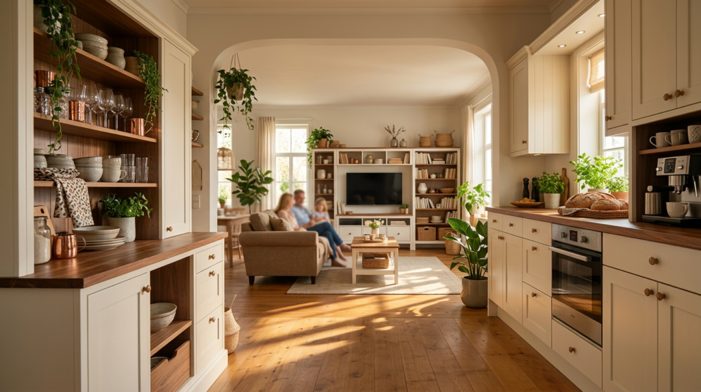 KI generiertes Foto was eine Landhausküche und ein Wohnzimmer mit 3 Personen, sitzen auf einem Sofa im Wohnzimmer zeigt.