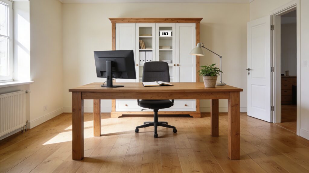 KI generiertes Foto was ein Bürotisch aus Massivhol und dahinter stehend einen Büroschrank mit Vitrinentüren im Landhausstil zeigt.