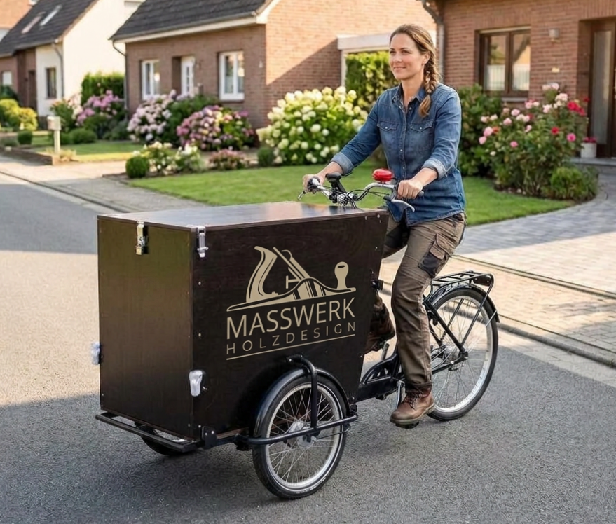 Ein Lastenrad mit der Aufschrift: MASSWERK - HolzDesign auf der großen schwarzen vorderen Transportbox. Auf dem Lastenrad sitzt eine Frau mittleren alters in Arbeitskleidung.