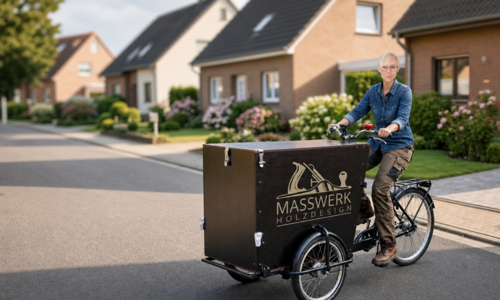MASSWERK - HolzDesign, Küchmontagen und Möbelmontagen. Lastenrad auf der eine Blonde Frau Sitzt.
